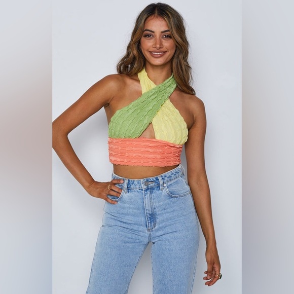 UNBRANDED Colorblock Multicolor 2-Way Versatile Criss Cross Y2K Halter Crop Top - Picture 4 of 14